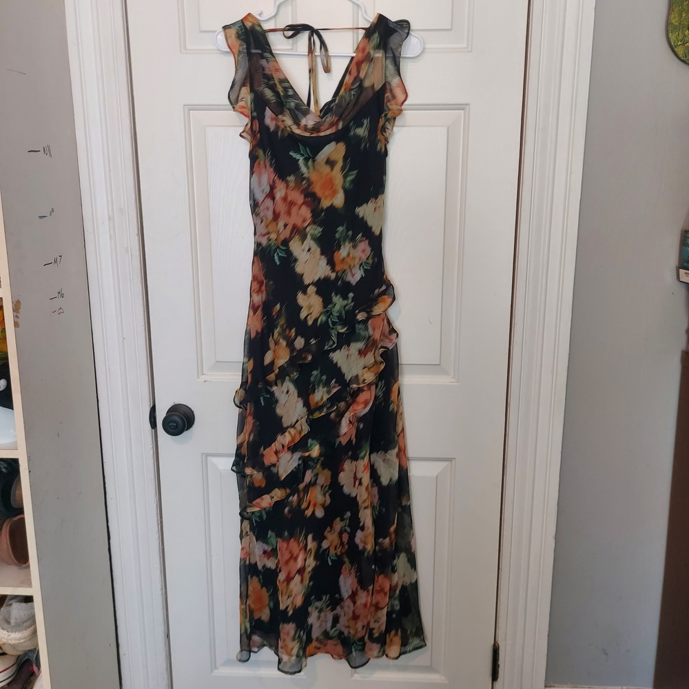 ASTR The Label Black Floral Cowl Neck Ruffle Maxi Dress ACDR102859NC Medium